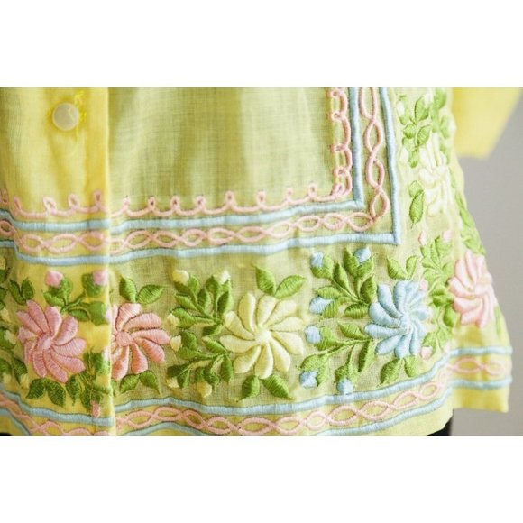 Vintage 70s Yellow Floral Embroidered Long Sleeve button down  Blouse Top S - Picture 5 of 9